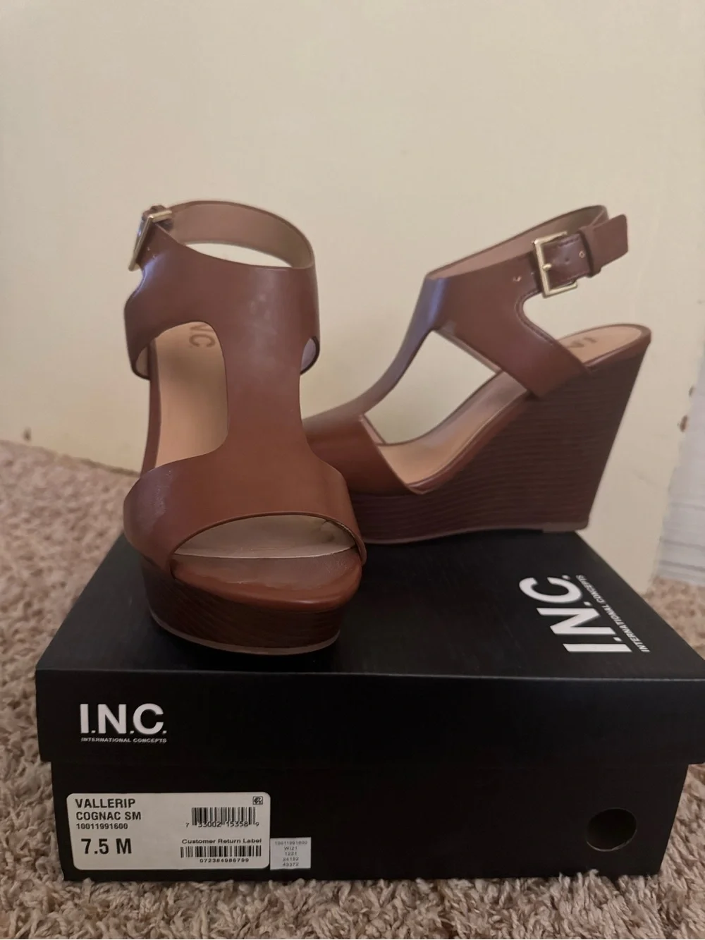 MIA Cognac Brown T-Strap Wedge Sandals